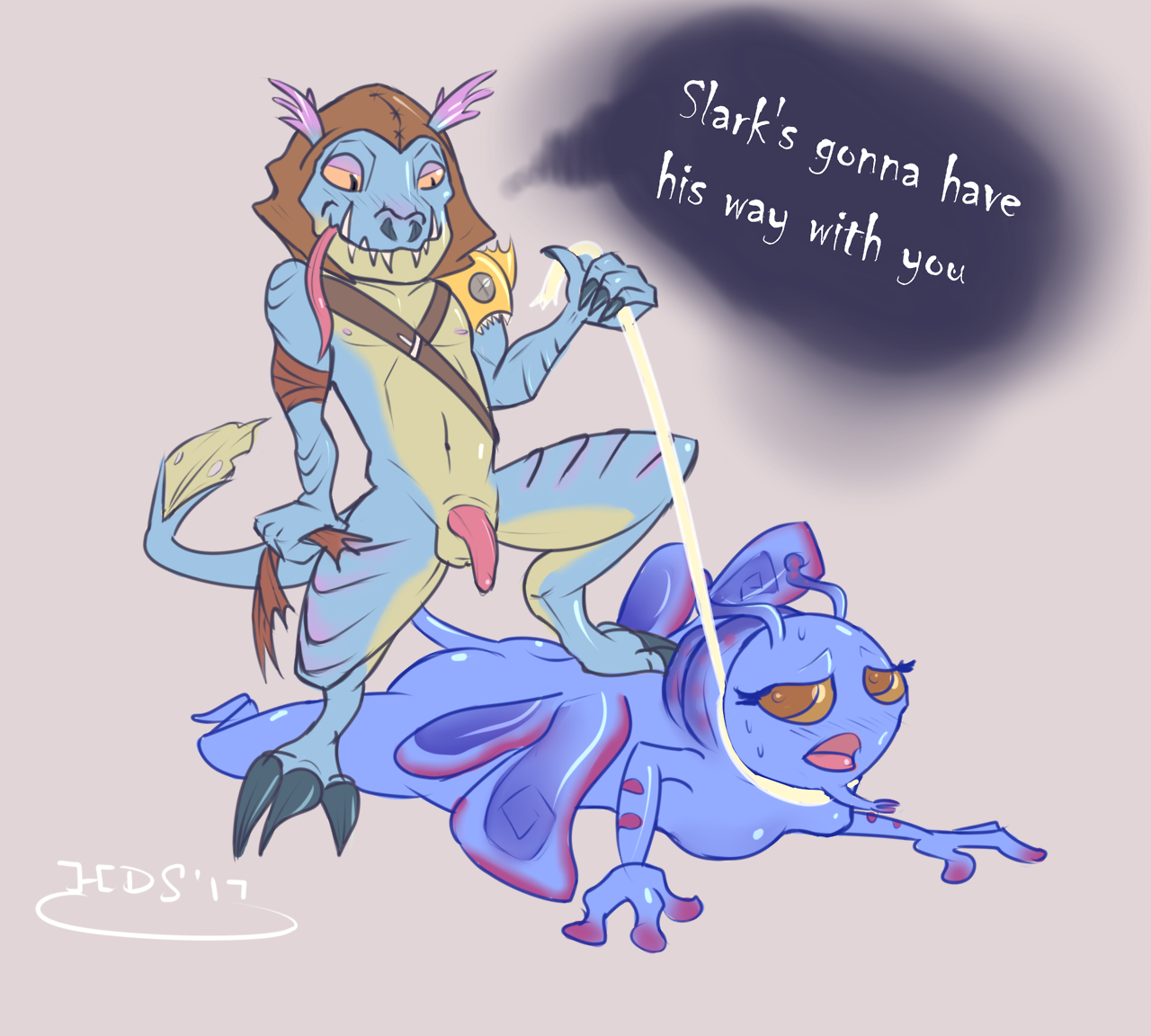 C’mon I haven’t spawned yet!Slark pouncing on fem Puck. Slark and Puck are cuties.