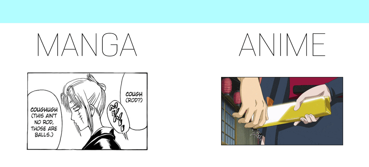 ykchahine: manga vs. anime  gintoki, tsukuyo and a gold bar  for @anime-trash-for-life