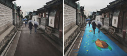 sixpenceee:   Project  Monsoon A group of designers from South Korea  found a way to fight those gloomy days when it just wouldn’t stop  raining. Together with Pantone they brought back the colours to Seoul by  creating huge vibrant paintings on the