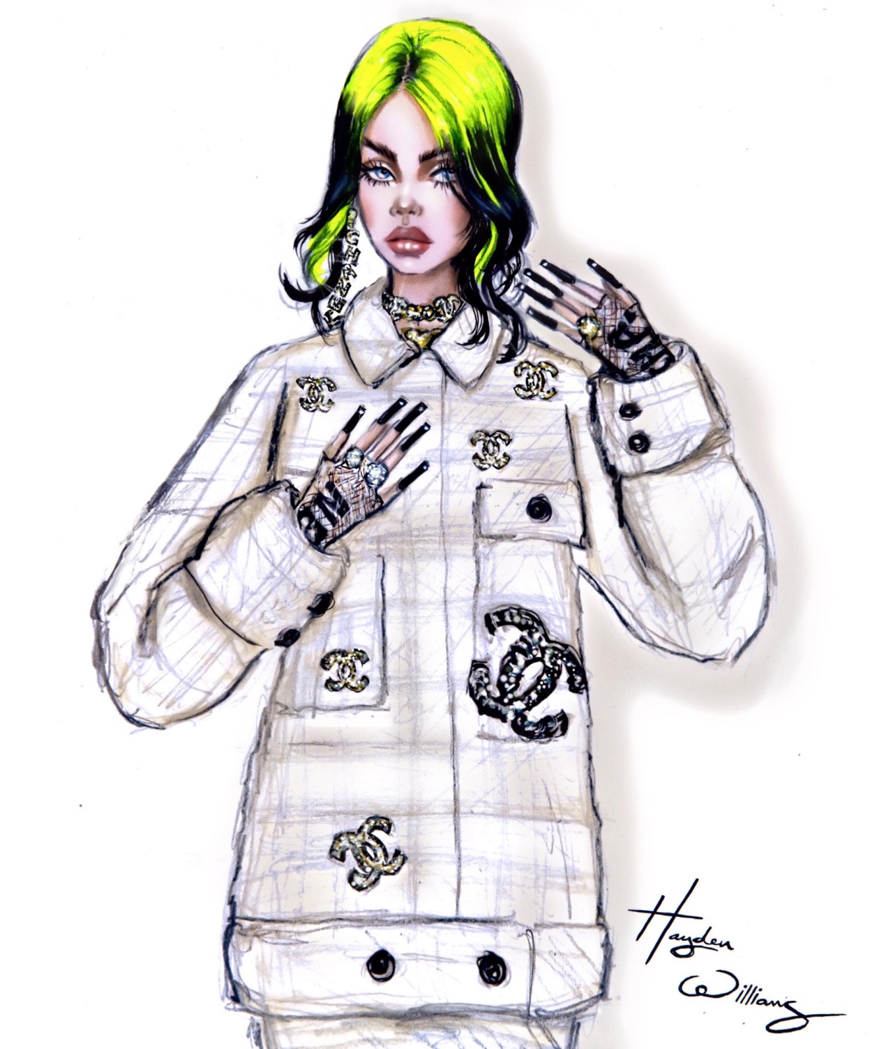 haydenwilliamsillustrations:Billie Eilish in all Chanel everything at the Oscars 2020 🤍🖤💚https://www.instagram.com/p/B8ZRkj0B5XL/