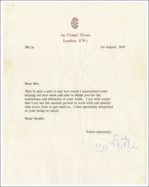 A typed thank-you letter from Brian Epstein to a woman named Sue.