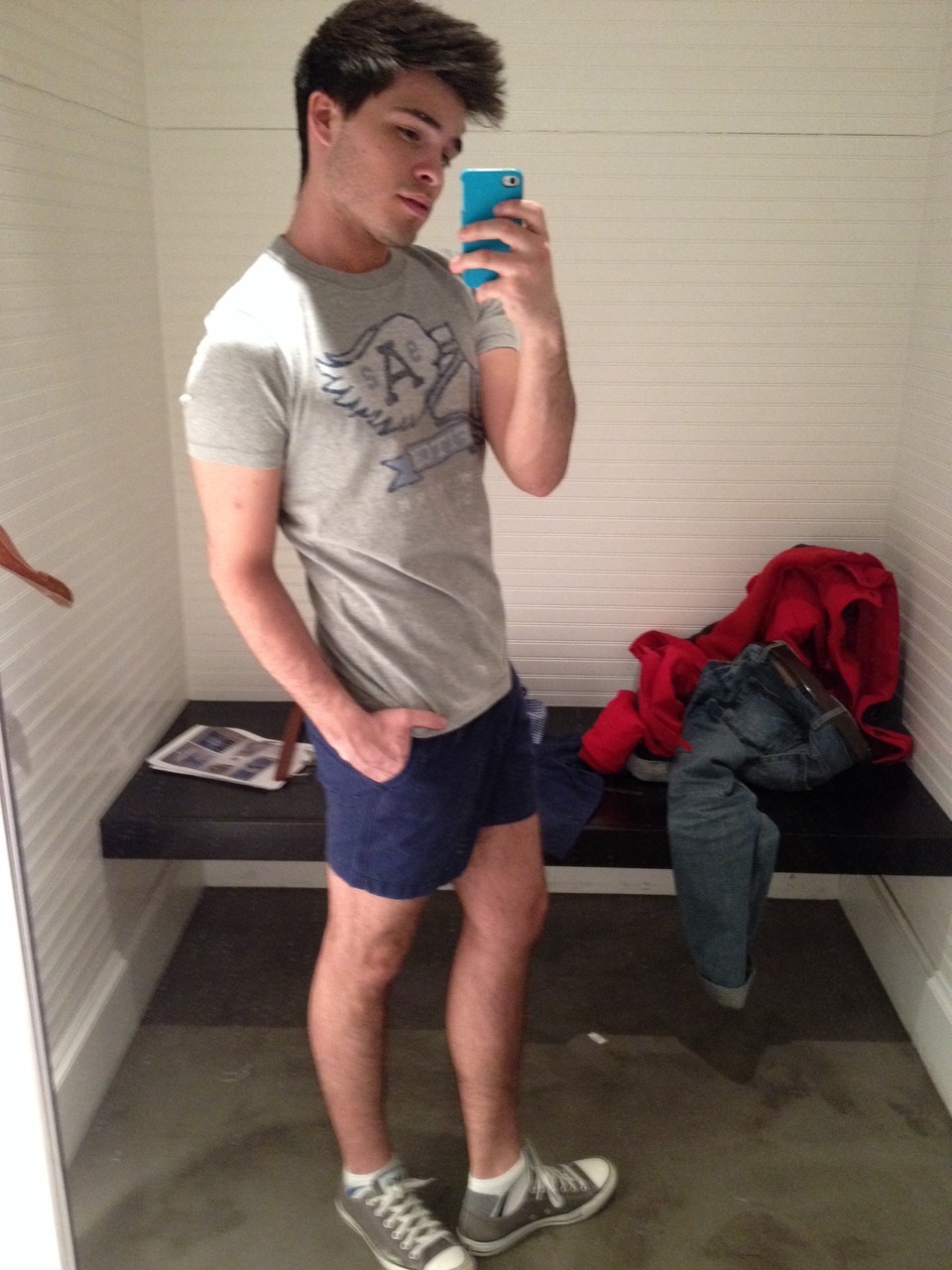 chillaxxed:  Trying on short shorts at work! 😄 