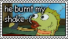 a stamp with one of the background fish from spongebob with his line 'he burnt my shake :('.