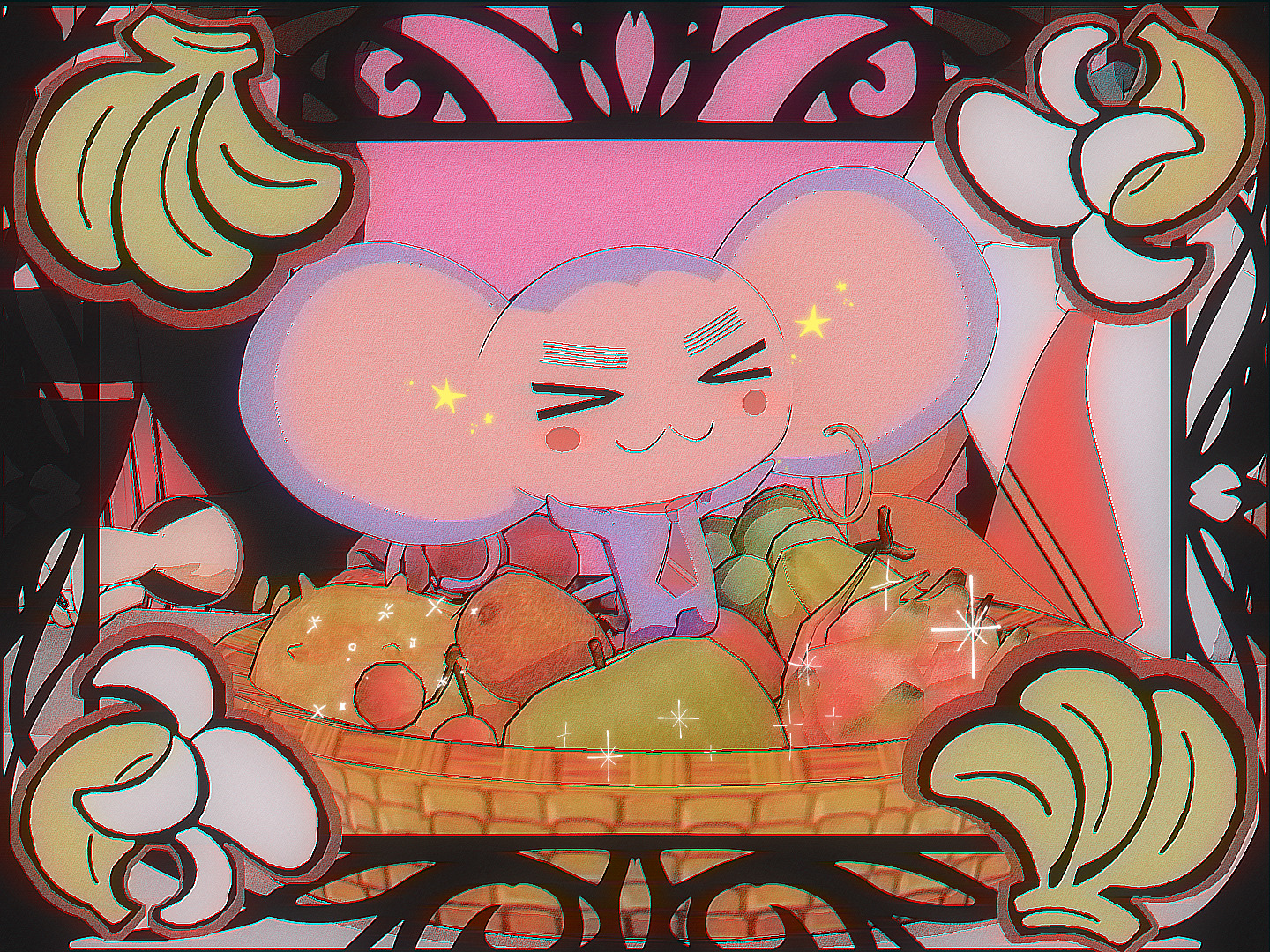 ChuChu's signature rose frame appears in this artwork. Chuchu is in a bowl of fruits. Utena and Anthy are in the background.