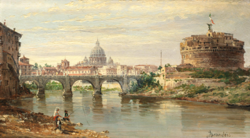 pintoras:Antonietta Brandeis (Czech, 1848 - 1926): Rome, figures fishing on the Tiber, Castel Sant'A