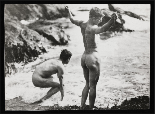 Undated photograph of male nudes on a beach.Copy print made from original glass negative owned by Ge