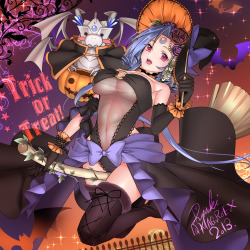 abaslev:  original, ryuki40maguro-ex, 1:1 aspect ratio, 1girl, bats, black gloves, black legwear, blue hair, blush, boots, bow, breasts, broom, broom riding, cameltoe, curly hair, dragon, flower, gloves, halloween, halloween costume, hat, large breasts,