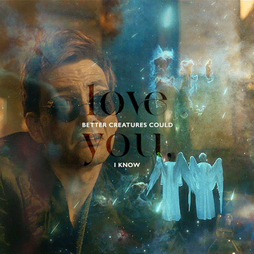 Gif 4/7: Two semi-transparent layers, one with an orange and one with a cyan undertone. First: Crowley sitting in the bar and being sad while talking to the discorporated Aziraphale in Season 1. Second: Crowley sheltering Aziraphale with his wing Before The Beginning. In the middle, it says: "Better creatures could love you, I know"