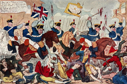 Cartoon about the 1819 “Peterloo Massacre,” in which the British army opened fire on a crowd of peop