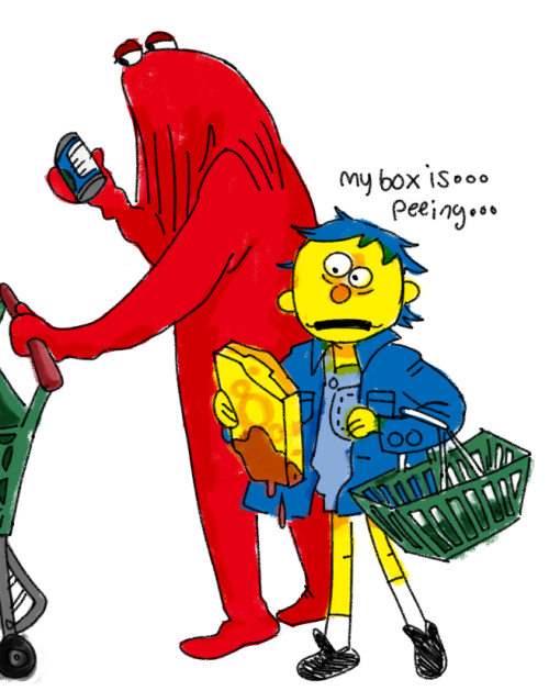 [ Image One: A Drawing Of Red Guy And Yellow Guy From Dont Hug Me Im Scared On A Shopping Trip. Red Guy