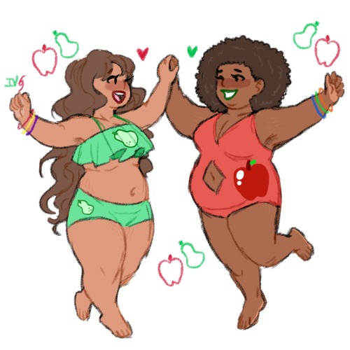 queerplatonicpositivity: orquidia: sketch of fruit body type girlfriends  [ ID: A sketch-like c