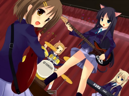 akiyama mio animal ears arisu cat ears drum drum set dutch angle guitar hirasawa yui instrument k-on