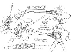 as-warm-as-choco:  GURREN LAGANN (天元突破グレンラガン) Character Designs, Part 7: This time mecha(nical) ones. Yoko Littner’s sniper rifle (+ gloves, scarf, bra, chopsticks) by Atsushi Nishigori (錦織 敦史) !