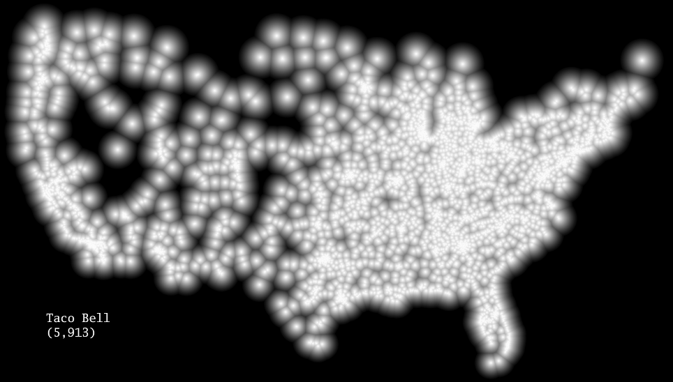 mapsontheweb:  USA fast food Voronoi-ish “heatmaps”: BK, Starbucks, Subway, TacoBell