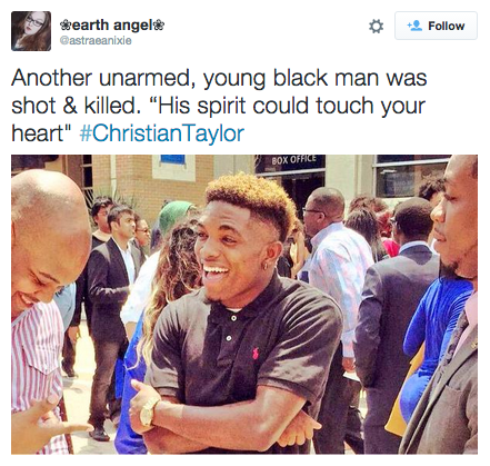 thahalfrican:  dookiediamonds:  revolutionarykoolaid:  Save Our Kids (8/8/15): Christian Taylor, a 19-year old college football player was gunned down by police early Friday morning in Arlington, TX. Christian crashed his vehicle into a car dealership.