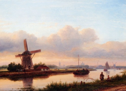 Lodewijk Johannes Kleijn (1817-1897) - A View of the Trekvliet with The Hague in the Distance. Oil o