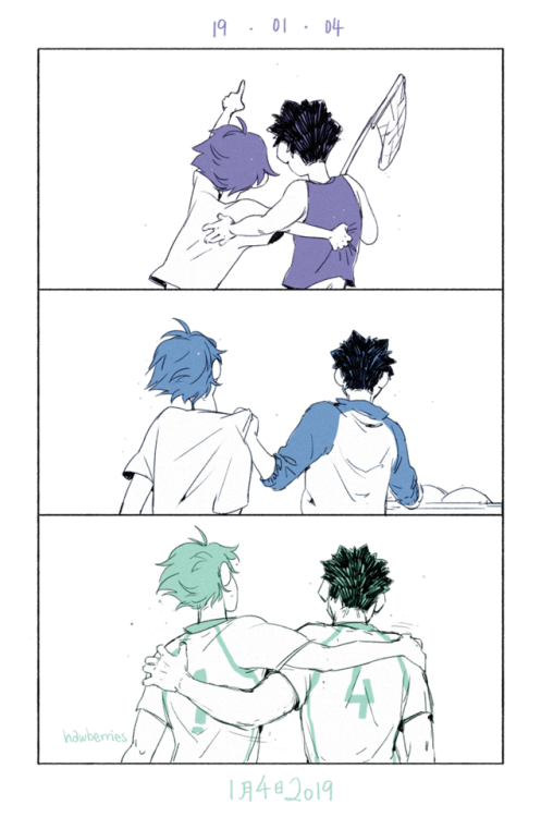 hawberries:i wanna be with you(4th of january is iwaoi day!)[alt: 3-panel, monochromatic comic, all 