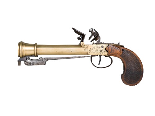 Belgian flintlock pistol with snap bayonet, early 19th century.from Thomas Delmar LTD