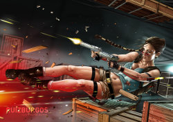 nerdwire:  Lara Croft : Tomb Raider by Ruiz Burgos Classic looking Lara Croft flies into action in Ruiz’ awesome piece!  Guns-a-blazin’ and shrapnel flying.  Just the way I like I female heroes.  Check it out in full res on his gallery.  The new
