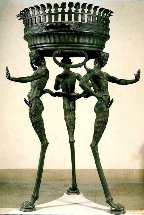 givemesomesoma:  Tripod found in Pompeii, featuring ithyphallic satyrs 1st century A.D.  Bronze