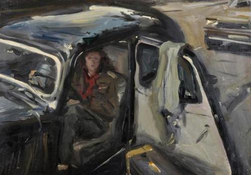A Girl in a Citroen DS   -   Howard MorganBritish, b.1949-Oil on canvas, 17 x 24 in.