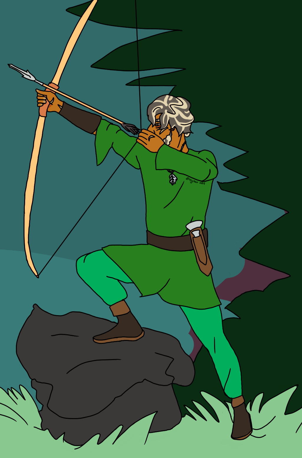 halt o'carrick practicing archery. he stands wit one foot on a rock, just past the treeline, and is aiming up into the sky. he is not wearing his cloak, instead green tunic, trousers, his oakleaf necklace, and his belt with two knives on it. his hair and beard are salt-and-prepper grey, and there are scars on his face and hands.