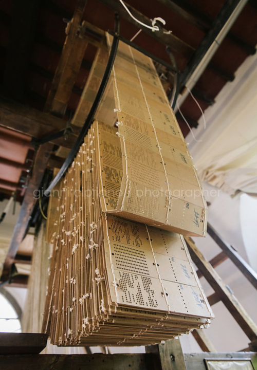 A chain of punched Jacquard cards is seen here above a handloom from the 1700s at the Antico Setific