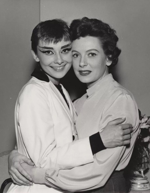 timelessaudrey: Audrey and Deborah Kerr,backstage of Ondine,1954