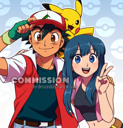 nerdinsandals:Commission for @mezasepkmnmaster! He asked for his original designs for Ash and Dawn with Pikachu. c: Thank you so much for commissioning me!