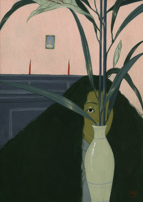 itscolossal:Plants, Hair, and Shadows Obscure Women in Introspective Gouache Paintings