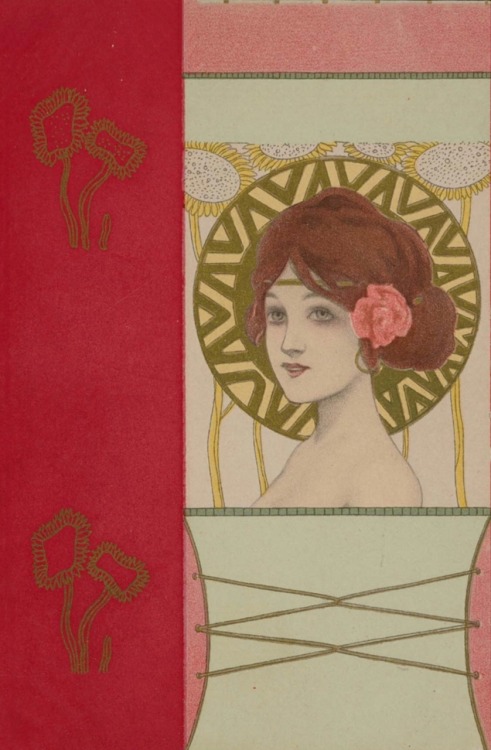 Vintage post cards.1901. Girls face with red border. Color lithograph with metallic pigment on card 