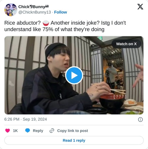 Rice abductor? 🍚 Another inside joke? Istg I don't understand like 75% of what they're doing pic.twitter.com/xmf7qTGjaE
— Chick⅋Bunny¹̶³̶ (@ChicknBunny13) September 19, 2024