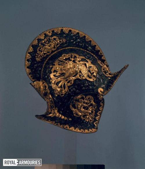 Gold decorated German burgonet with high comb, circa 1600.from The Royal Armouries Collection