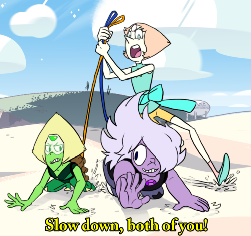 accursedasche:  As soon as I heard Pearl bring up “Leash” in Catch and Release.. I knew what I had to do. I had to draw Peri and Ame in those child leashes.  Background from here! I really need to work on drawing my own backgrounds, its my weakest