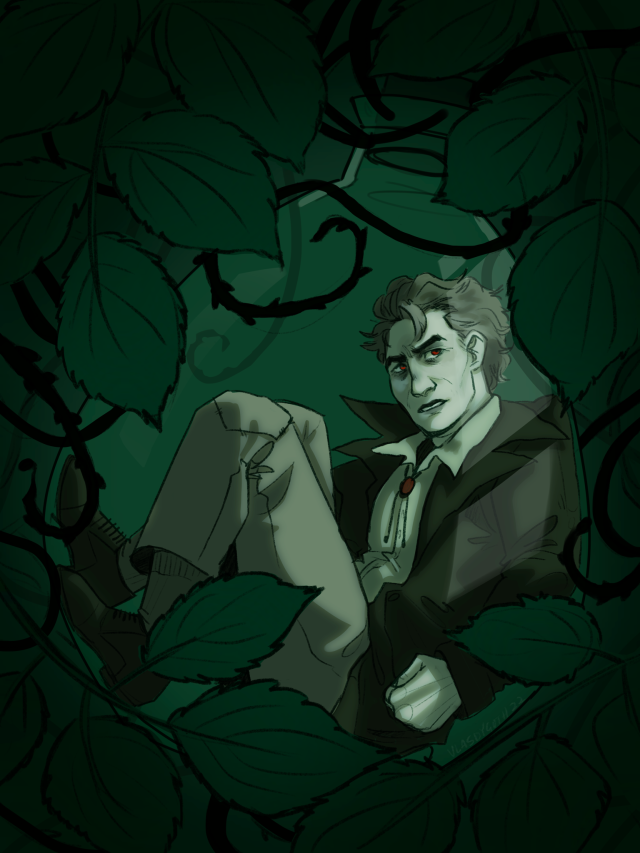 A monochrome green drawing of lye lychen stuck in a round bottle, surrounded by thorny vines and large rose leaves. He has his knees pulled to his chest, and is looking warily over his shoulder with s grimace. He is wearing a shabby suit and a bolo tie with a red jewel in it.