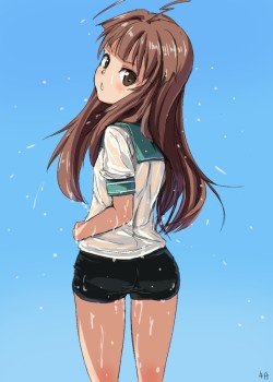 艦隊これくしょん、球磨（艦これ）、4shi、高解像度、スパッツ、一人、女一人、学校制服、お尻、セーラー服、アホ毛、濡れている、濡れた服、立っている、茶色の瞳、茶髪、見返り