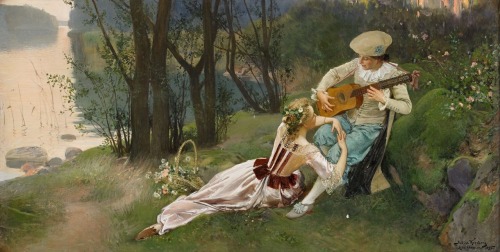 Idyll.1895.Oil on Canvas.50 x 98 cm.Art by Julius Johann Ferdinand Kronberg.(1850-1921).