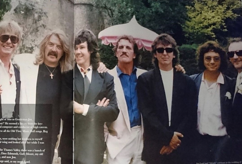 Jon Lord and friends (including George Harrison, Joe Brown, Gary Moore, and Jim Capaldi) at the wedding of Roger Glover and Lesley Edmunds, Henley-on-Thames, July 1989. Photo from All Those Years Ago, the photo biography, via...