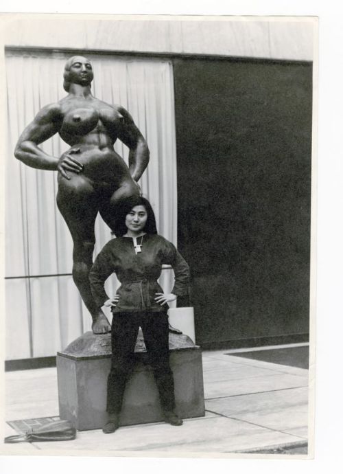 Yoko Ono with Standing Woman (1932) by Gaston Lachaise, The Museum of Modern Art Sculpture Garden, N