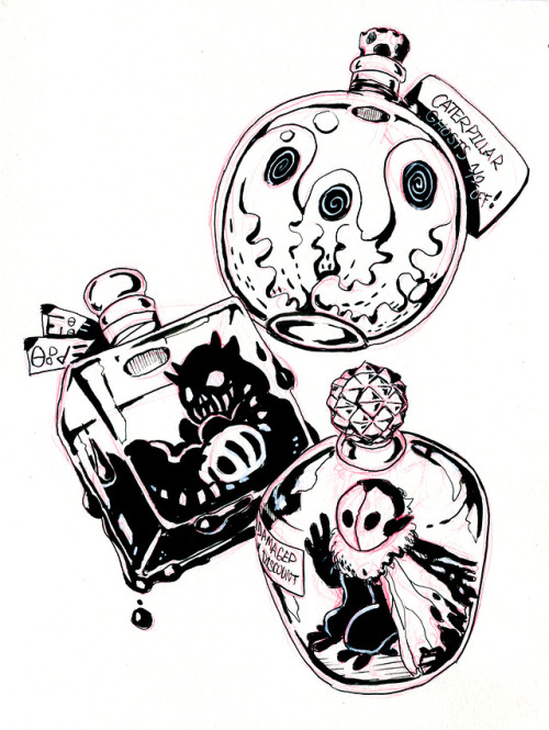 Inktober Day 4 - Alchemy - Ingredients - Black and white ink + paintshopCaterpillar ghosts!!