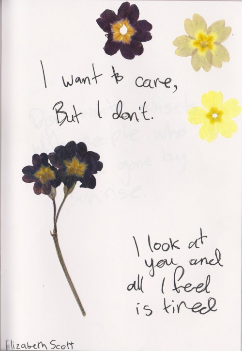 whatever-you-write:   “I want to care, but I don’t. I look at you and all I feel is tired.” ― Elizabeth Scott, Miracle 