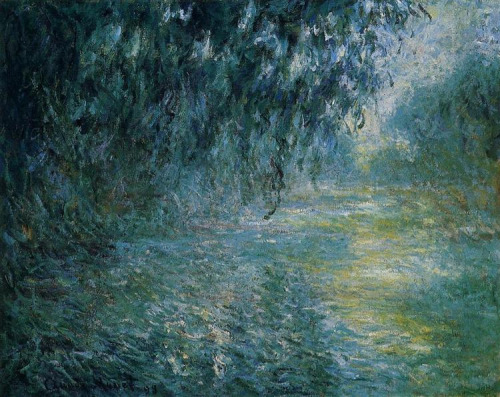 Oil painting “Morning on the Seine in the Rain” by Claude Monet shows a choppy river framed on the left and top by the elongated leaves of a willow tree, and what appears to be more trees in the distance, on the right. The foreground leaves are deep green, and there are light blue and green highlights giving the impression of a sky on the top, as well as reflected on the river. This painting is in the impressionist style, so nothing is crystal clear. The lines are thick, short, and layered with many hues and shades, giving a feeling of depth, shadow, and movement. Although the water seems choppy, the overall scene gives a sense of serenity and peace.