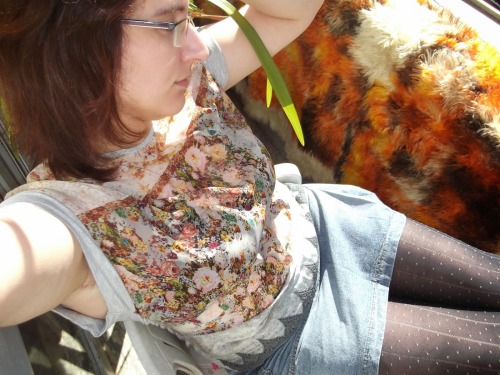 Wool polka dot tights, denim skirt and flower pattern shirt