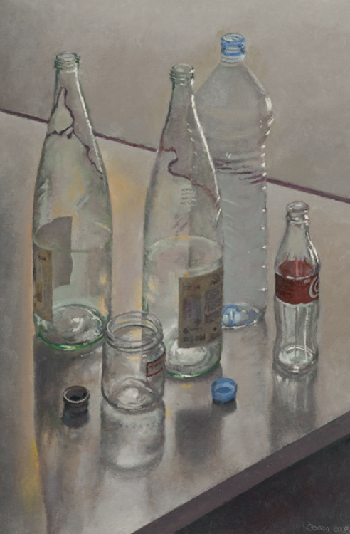 huariqueje:Glass and Plastic   -    Oscar Tusquets , 2008.Catalan,b.1941-Oil on acrylic, 55 x 37 cm.