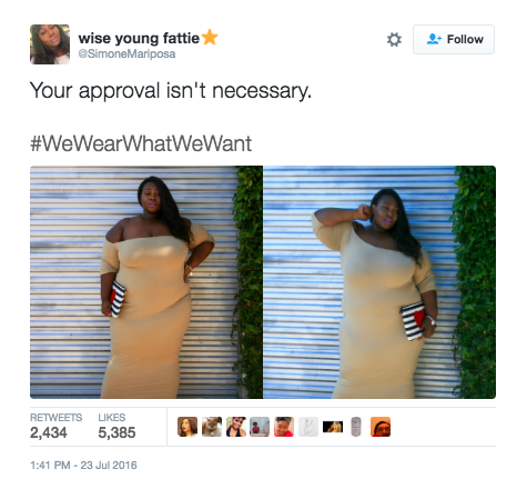refinery29:  These women are using a hashtag to slam the stereotype that you should “dress for your size” Simone Mariposa, a 23 year old from LA decided to start the hashtag after seeing a body-shaming story on Twitter and realizing she could do
