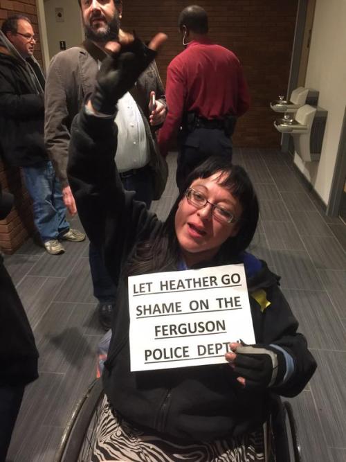 justice4mikebrown:February 9Twitter user and live streamer, MissJupiter1957, was pulled from her wheelchair and assaulted by police, arrested and charged with “failure to obey police orders and 3rd degree assault” on a police officer. Her wheelchair