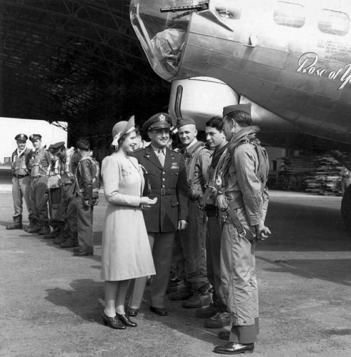 British Princess Elizabeth (now Queen Elizabeth II) meets the American crew of a B-17 Flying Fortres