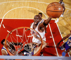 siphotos:  Michael Jordan goes up for a one-handed slam in Game 2 of the 1991 NBA Finals. Unstoppable on offense at the basket or on the perimeter, Michael Jordan was a 14-time All-Star, nine-time all-defensive first-teamer, five-time league MVP and MVP