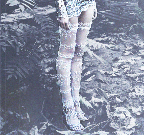 deprincessed:  Immense image of model Constance Jablonksi wearing the one-of-a-kind silver leaf and petal plated ‘Matadit’ suit encrusted in dripping jewels and matching tiered teardrop crystal shoes from the Christian Dior Haute Couture Fall/Winter