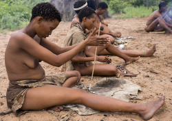 Bushman Women Making Necklaces With Ostrich Eggs Shells, Tsumkwe,